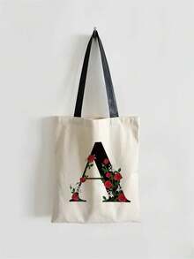 Fashionable Flower Initials Printed Casual Shoulder Bag, Shopping Tote Bag, Foldable Shopping Bag, Handbag Large Capacity Travel Grocery Bag, Teacher Gift Bag, Bridesmaid Souvenir - Beige - View 2