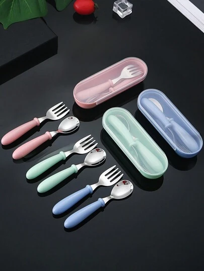 1 set (3 st) skedset i 304 rostfritt stål med låda, bärbara barnredskap för utomhusbruk, resor, bestick med runt handtag för babymatning, babyshowerpresent - rosa