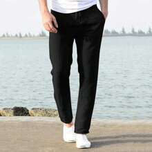 Pantalones de algodón de lino para hombre, informales, holgados, con cintura elástica y lazo de color sólido - Negro - Ver 4