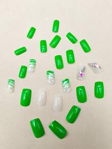 24入組綠色閃亮鑲嵌短式即貼指甲,歐美風格,方形 + 1支果凍膠+1支磨光块 - 彩色 - 查看 2