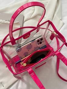 New Arrivals Texture Mother And Child Clear Handbag, Fashionable Candy-Colored Shoulder Bag And Crossbody Bag - Pink - View 6