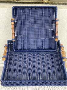 2 Piece Outdoor/Indoor Hand Woven PE Rattan Serving Tray With Faux Bamboo Handle - Navy Blue - View 2