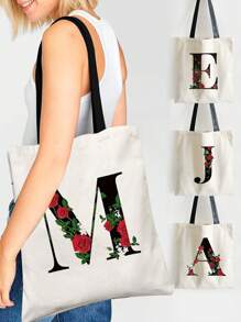 Fashionable Flower Initials Printed Casual Shoulder Bag, Shopping Tote Bag, Foldable Shopping Bag, Handbag Large Capacity Travel Grocery Bag, Teacher Gift Bag, Bridesmaid Souvenir - Beige - View 1