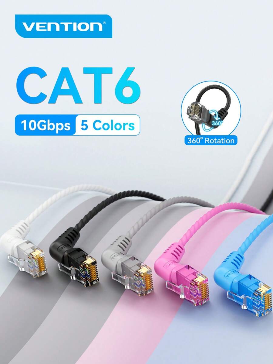 VENTION Cat 6 Ethernet Patch Cable Cat6 LAN Network Cord 360° Rotation Dual-Curved Head Design Ultra Fine High Speed 10Gbps 500Mhz For PC, Laptop, PS4/5, Router, Modem, Printer And More - Pink - View 1