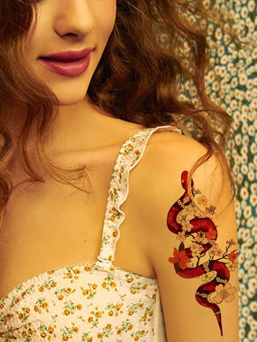 1入組紅色蛇和可愛花紋暫時紋身貼紙 - 黑色 - 查看 1