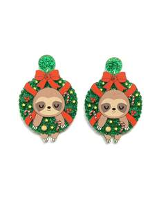 2 件裝誇張亞克力西伯利亞哈士奇、小狗、貓、樹懶聖誕花環蝴蝶結耳環新年禮物 - 彩色 - 查看 9