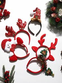 1set/5pcs Christmas-themed Glittering Reindeer Antlers & Santa Hat Headband Hair Accessories Set, Perfect For Holiday & Party Dance - Multicolor - View 5