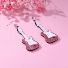 1pair Retro Artistic Personalized Hip Hop Colorful Glitter Heart Acrylic Electric Guitar Shaped Earrings - Pink Guitar - View 4