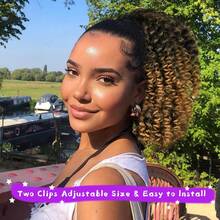 Short Kinky Curly Ponytail Extension For 14 Inch Black Mix Brown Drawstring Curly Ponytail With Two Clips, Synthetic Afro Drawstring Ponytail ForSuitable For Various Occasions, Including Music Festivals, Parties, Vacations, And All Seasons - Piano Color - View 2