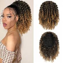 Short Kinky Curly Ponytail Extension For 14 Inch Black Mix Brown Drawstring Curly Ponytail With Two Clips, Synthetic Afro Drawstring Ponytail ForSuitable For Various Occasions, Including Music Festivals, Parties, Vacations, And All Seasons - Piano Color - View 1