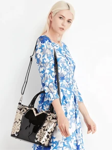 Fashionable Luxury Flower Embroidery Solid Color Zippered Patent Leather Ladies' Handbag, Large Capacity Business Style Female PU Leather Tote Hand Bag For Women, Suitable For Girls, Women, College Students, Office Workers, And White Collars, Ideal For Party Work, Business, Commuting, And School - Black - View 7