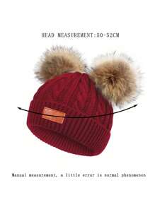 1pc Unisex Wine Red Ski Hat, Y2k Style, Double Pom Pom Beanie With Leather Label, Suitable For Daily Commute And Outdoor Sports - Burgundy - View 3