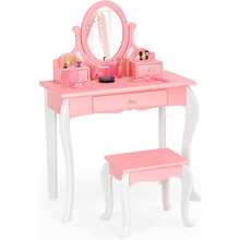 Children's Dressing Table With Mirror, Princess Dressing Table With 3 Drawers And 2 Shelves, Wooden Cosmetic Table With Stool, Dressing Table For Girls