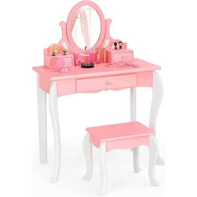 Children's Dressing Table With Mirror, Princess Dressing Table With 3 Drawers And 2 Shelves, Wooden Cosmetic Table With Stool, Dressing Table For Girls