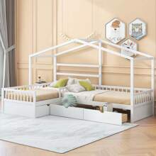 MERAX Twin Size House Platform Bed With Three Storage Drawers,Gray/White