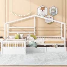 MERAX Twin Size House Platform Bed With Three Storage Drawers,Gray/White