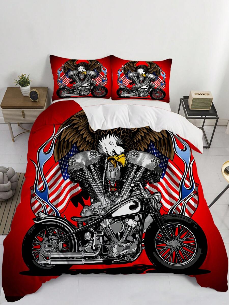 3入組老鷹和美國國旗印花床上用品套裝,柔軟舒適的聚酯纖維被套,適用於臥室,客房（1*被套+2*枕套,不含核心） - 彩色 - 查看 1