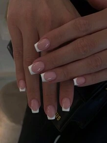 Upgrade Your Look 24pcs/Set Medium Square Shape White French Style Fashionable Nail Art Set, Suitable For Party, Dance And Daily Wear Press On Nails Nail Supplies - Multicolor - View 1