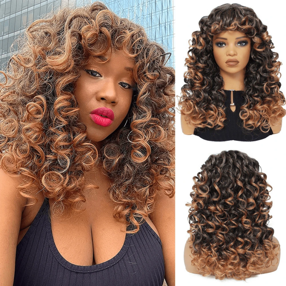 Synthetic Heat Resistant Wigs Bouncy Curls Wigs With Bangs Ombre Brown 18inch Chemical Fiber Wig Bangs Wig Daily Used Easy To Wear Beginner Friendly Big Bouncy Fluff Curly Wigs - 漸層 - 查看 1