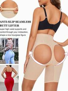 1pc Women's Seasonless Body Shaping Pants Made Of Nylon Material With Breathable Mesh Design Comfortable For Inner Wearing, Cross Compression For Tummy Control & Butt Lifting - Apricot - View 4