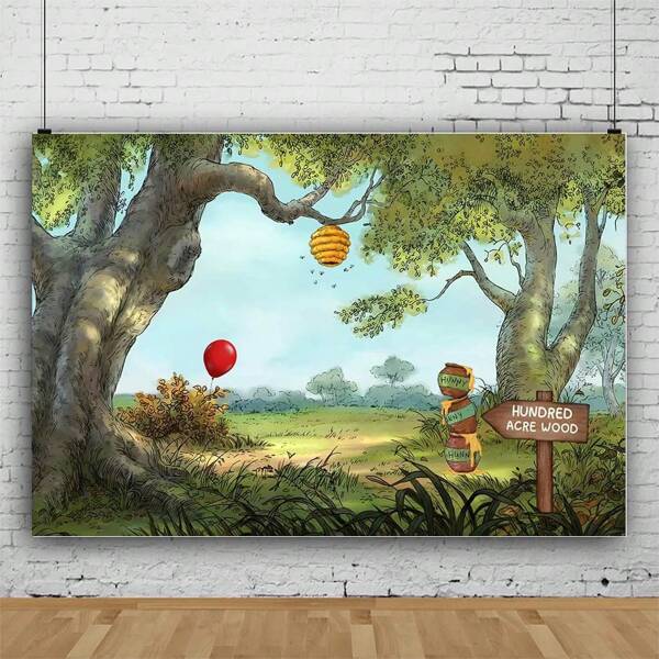 1pc Cartoon Spring Forest Themed Party Background Cloth 7*5/5*3ft With Honey Pot & Red Balloon Decors For Birthday, Living Room, Bedroom, Children Photography Studio And Live Broadcast Site Decoration Background,Christmas