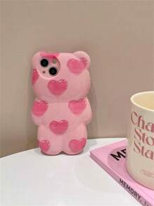 Funny Phone Case Pink 3d Heart Teddy Bear Designed Phone Case Compatible With Iphone Kawaii Waterproof Shockproof Anti-Fall Scratch Resistant - Pink - View 5