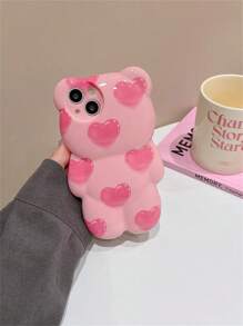 Funny Phone Case Pink 3d Heart Teddy Bear Designed Phone Case Compatible With Iphone Kawaii Waterproof Shockproof Anti-Fall Scratch Resistant - Pink - View 4