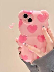 Funny Phone Case Pink 3d Heart Teddy Bear Designed Phone Case Compatible With Iphone Kawaii Waterproof Shockproof Anti-Fall Scratch Resistant - Pink - View 6