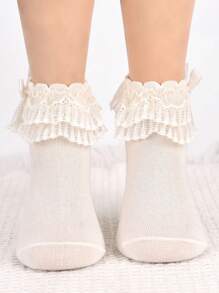 1 雙女童蝴蝶裝飾雙層蕾絲中筒襪,適合日常穿著 - 白色 - 查看 1