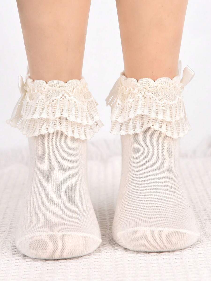 1 雙女童蝴蝶裝飾雙層蕾絲中筒襪,適合日常穿著 - 白色 - 查看 1