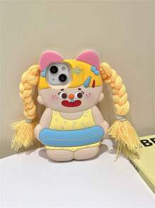 有趣的卡通可愛辮子和流鼻涕女孩設計的柔軟矽膠手機殼，與蘋果iPhone 11/12/13/14/15相容 - 黃色 - 查看 4