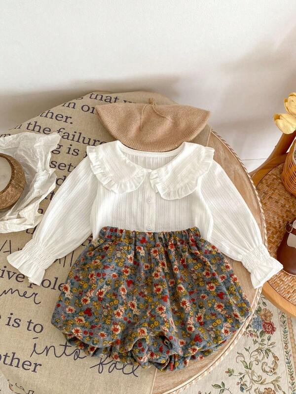 Ensemble de vêtements pour bébés filles avec blouse jacquard col claudine et pantalon à double couche florale, printemps/automne