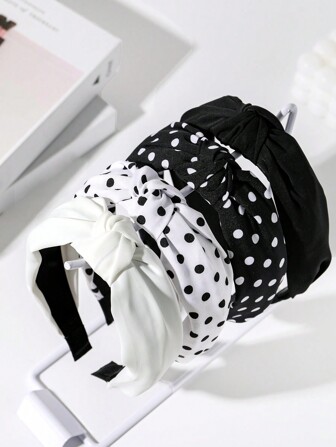 4pcs Women's Fabric Black & White Polka Dot Hairbands, Multiple Styles For Versatile Look, Accessories,Hairband,Hair Hoop Headbands