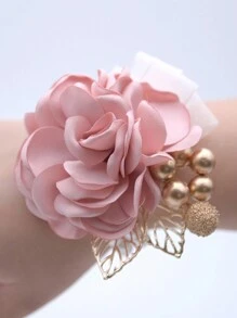 1pc Luxury Bridal Wedding Pearl Necklace Wrist Flower With Pink Ribbon, Gold Leaf & Artificial Flowers. Perfect For Bridesmaids, Wedding Decorations, Photography Props - Pink - View 4