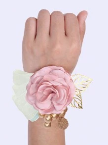 1pc Luxury Bridal Wedding Pearl Necklace Wrist Flower With Pink Ribbon, Gold Leaf & Artificial Flowers. Perfect For Bridesmaids, Wedding Decorations, Photography Props - Pink - View 3