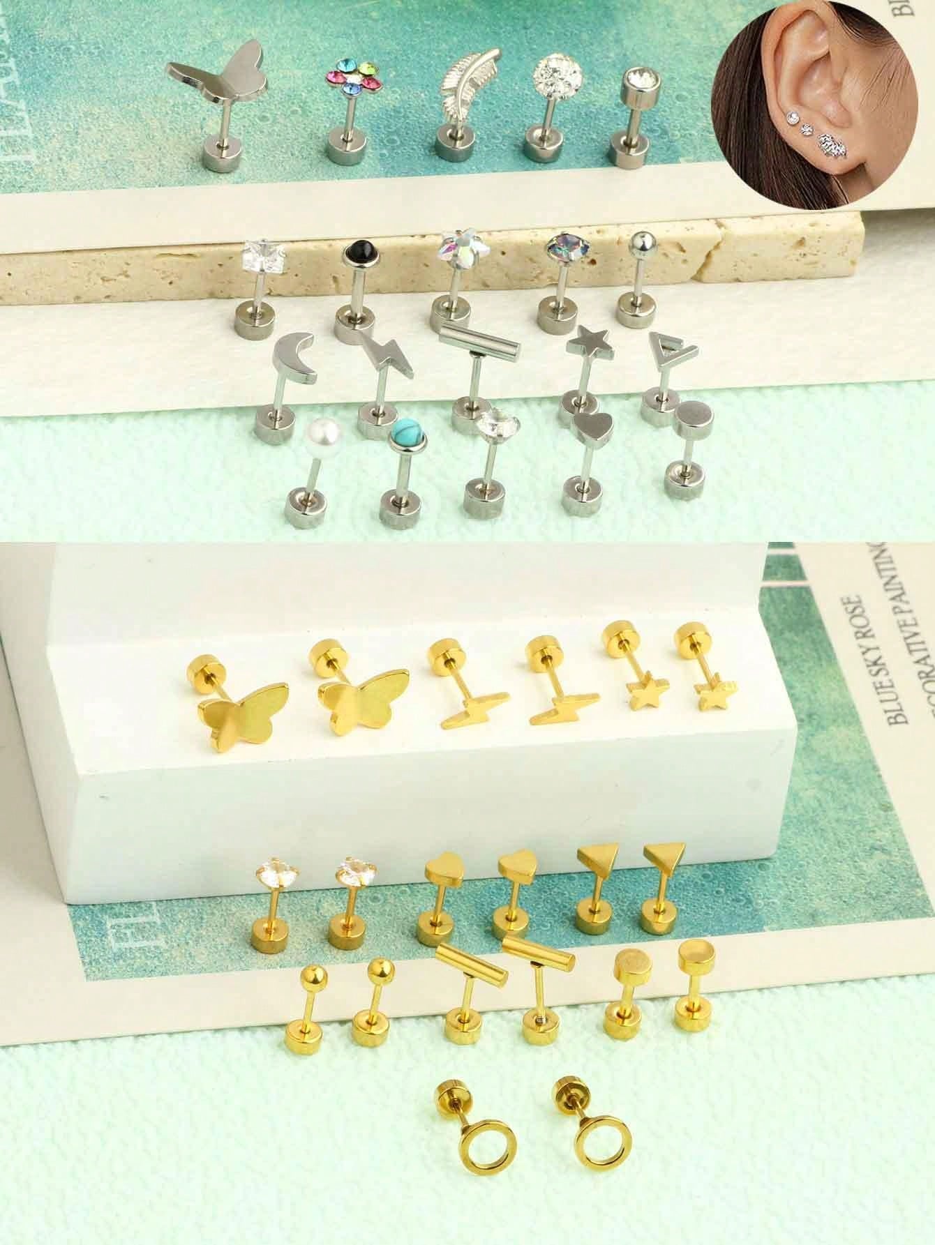 20pcs Stainless Steel Stud Earrings Set For Women Men Star Moon Flower