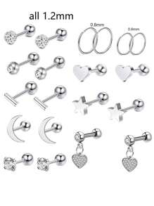 20pcs Stainless Steel Stud Earrings Set For Women Star Moon Flower Heart Leaf Opal 16G Or 20G Cartilage Earrings Hypoallergenic Flatback Earrings Piercing Jewelry Valentines - Ear Stud - View 9
