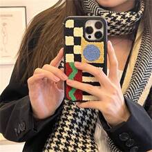 Apple Vintage Autumn/Winter Ins Style Plush Embroidered Geometric Pattern Phone Case Compatible With Iphone 14 Pro Max, IPhone 13, 12 Pro, X, XS, XR, 11, 16 Pro Max, 15