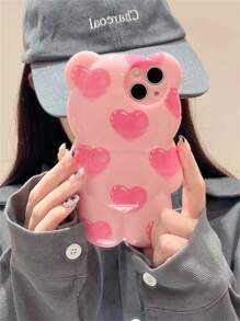 Funny Phone Case Pink 3d Heart Teddy Bear Designed Phone Case Compatible With Iphone Kawaii Waterproof Shockproof Anti-Fall Scratch Resistant - Pink - View 3