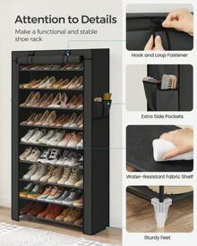SONGMICS Shoe Rack, 9 Tier Shoe Organizer With Nonwoven Fabric Cover, Shoe Storage Shelf For 40-50 Pairs Of Shoes, Entryway, Suitable For Sneakers, High Heels, Flats, And Boots, Grey, Black - 黑色 - 查看 4