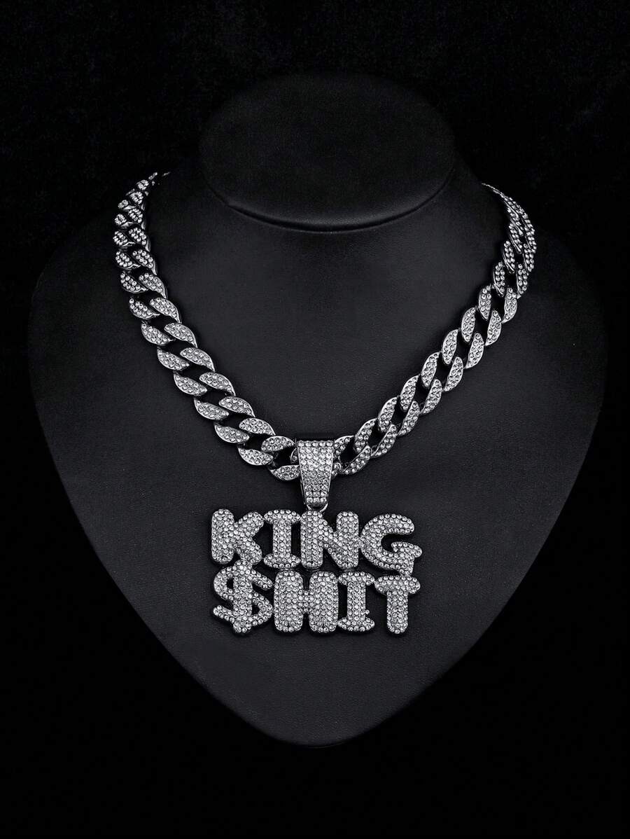 1件男士嘻哈3D水钻镶嵌双排字母和King Hit标志吊坠项链，个性化街舞饰品 - king hit吊墜項鍊 - 查看 1