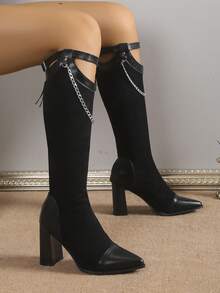 女士超過膝高跟靴,秋冬新品,尖頭粗跟,金屬皮帶扣,多功能高筒靴 - 黑色 - 查看 1