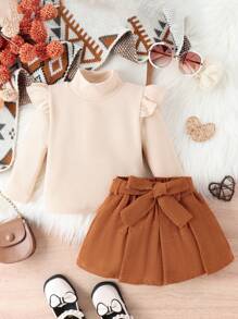 Bộ áo thun trơn có trang trí xếp nếp và váy nhung kẻ cho bé gái - Màu be - Xem 1