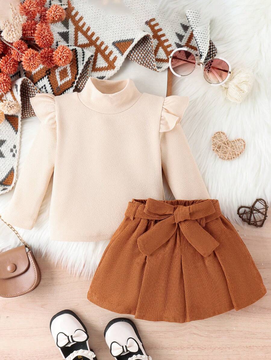 Bộ áo thun trơn có trang trí xếp nếp và váy nhung kẻ cho bé gái - Màu be - Xem 1