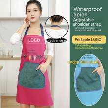 家庭廚房口袋擦手式圍裙,女式無袖背帶圍裙,附頸帶,防水防污 - 藍色 - 查看 1