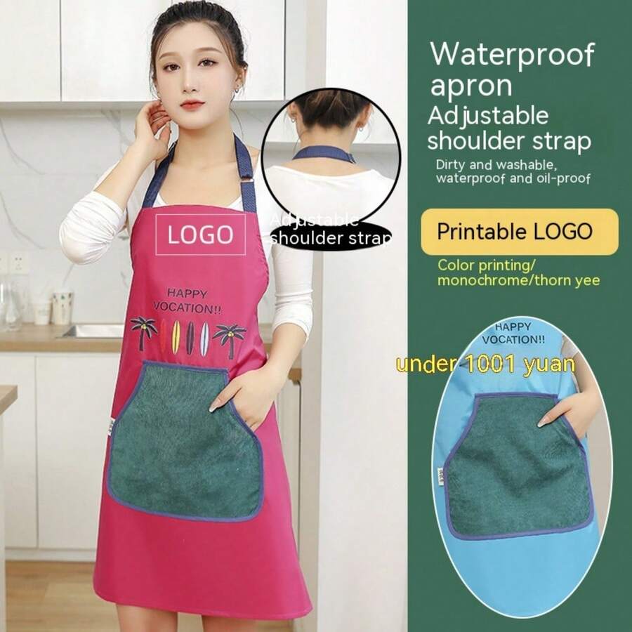 家庭廚房口袋擦手式圍裙,女式無袖背帶圍裙,附頸帶,防水防污 - 藍色 - 查看 1