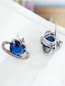 1pair Fashionable Zirconia Planet Stud Earrings - Blue - View 2