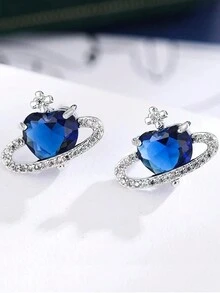 1pair Fashionable Zirconia Planet Stud Earrings - Blue - View 1