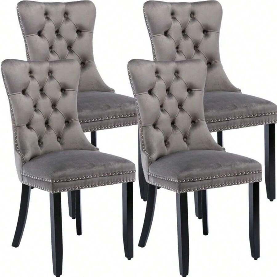 4 Piece Set Velvet Upholstered Dining Chairs, Wingback Side Chairs Button Tufted With Solid Wood Legs For Kitchen,Dining Room. - Xám - Xem 1