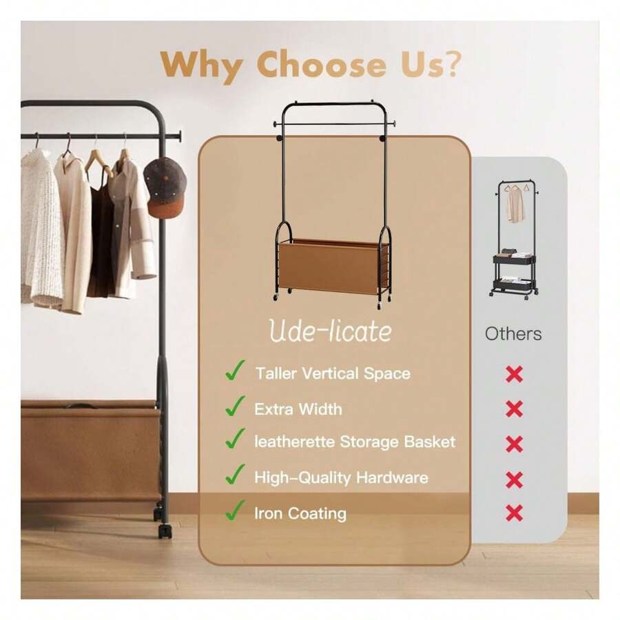 Homehours Clothing Rack with Wheels,Rolling Garment Racks with Leather ...